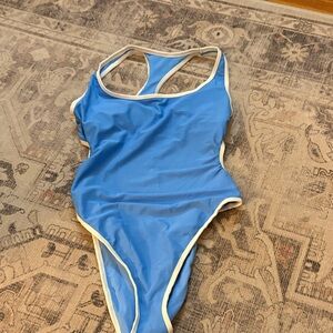 Blue One-Piece Swimsuit with White Trim